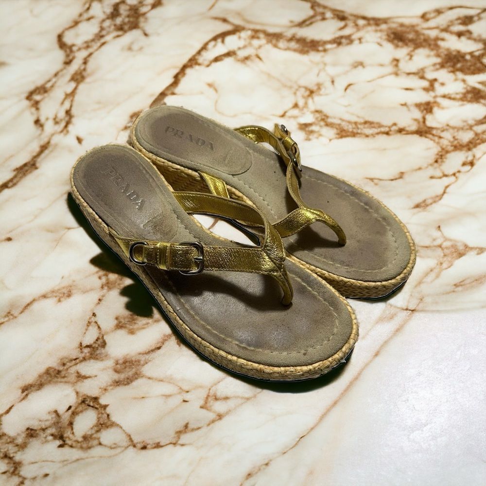 Prada Slides Thongs Wedge Platform Metallic Gold … - image 3